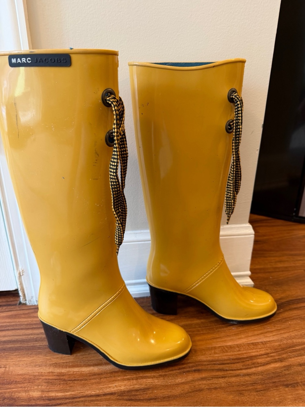 Marc Jacobs Mustard Yellow Knee-High Rain Boots with Lace Detail